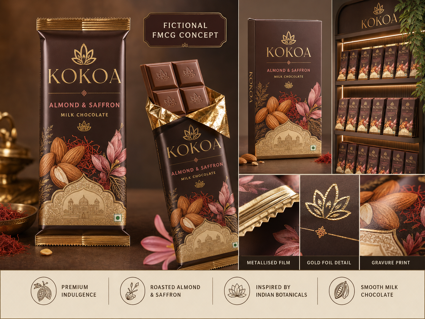 Kokoa almond and saffron fictional FMCG chocolate packaging concept board