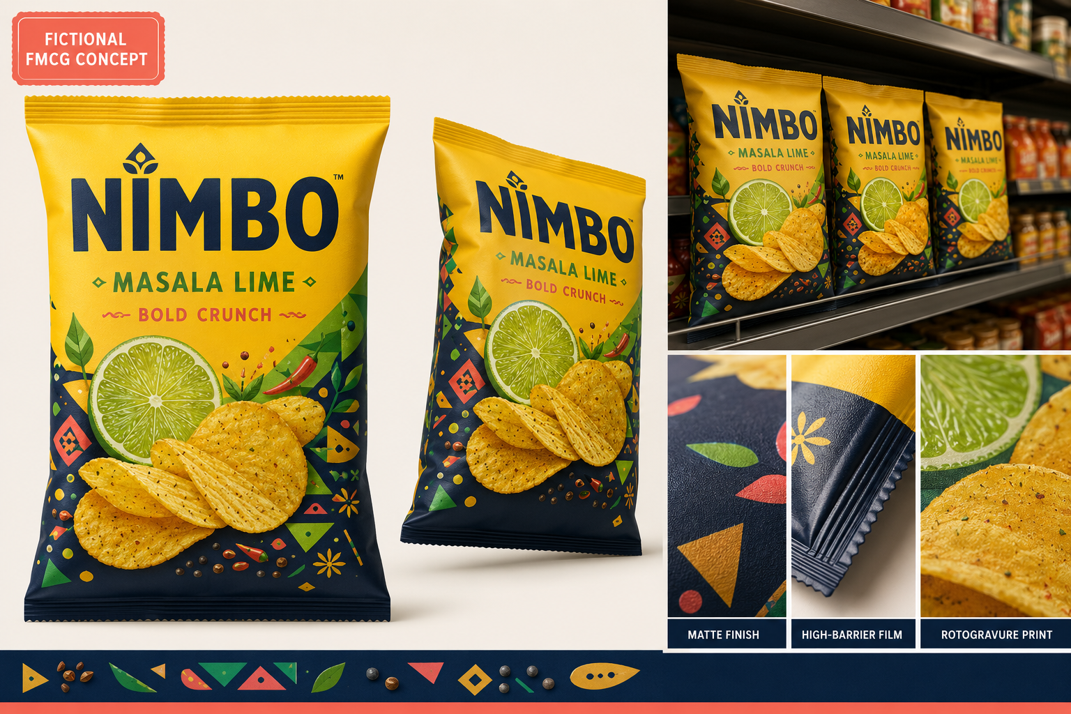 Nimbo masala lime chips fictional FMCG packaging concept board