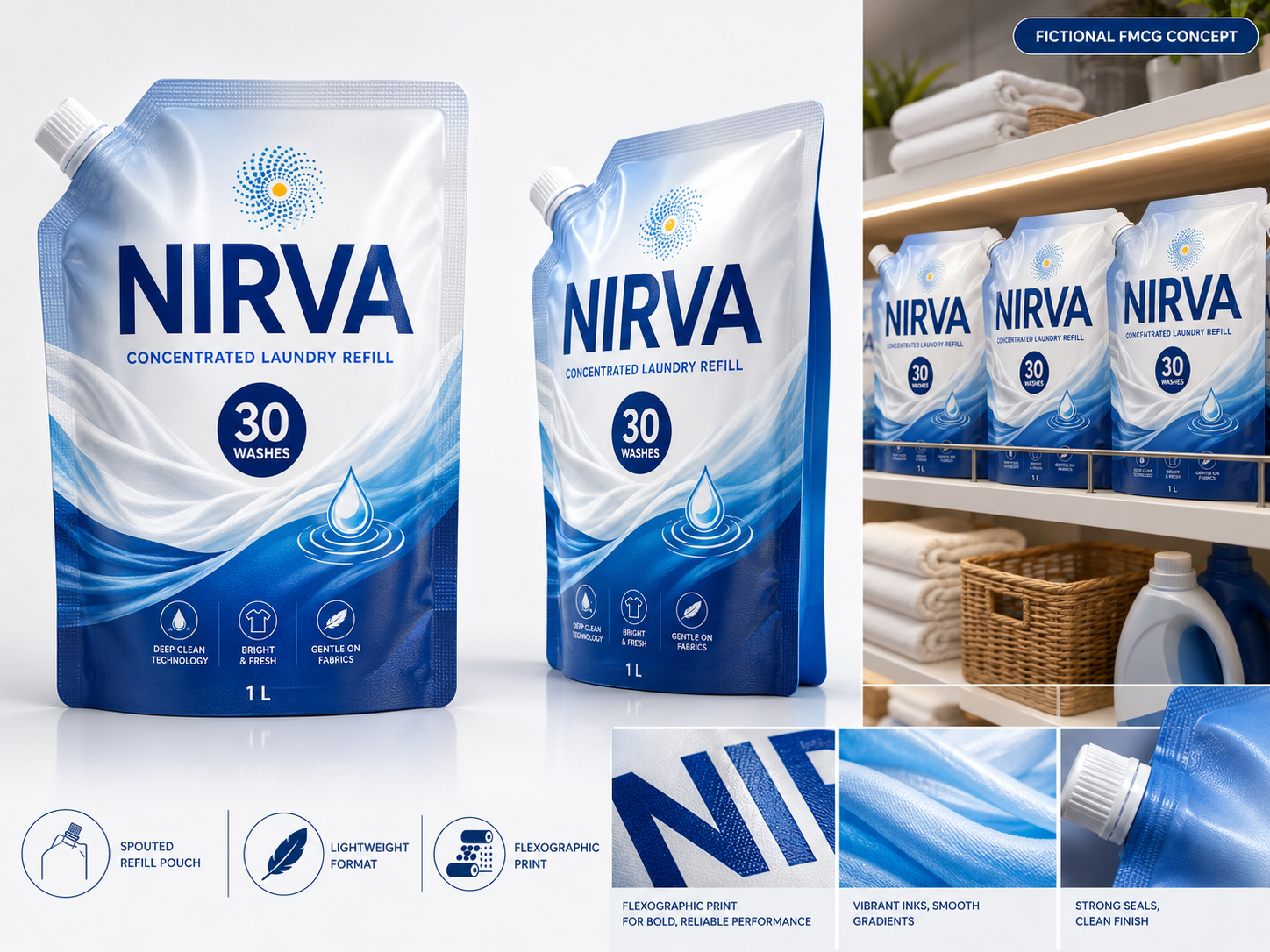 Nirva laundry detergent fictional FMCG refill packaging concept board