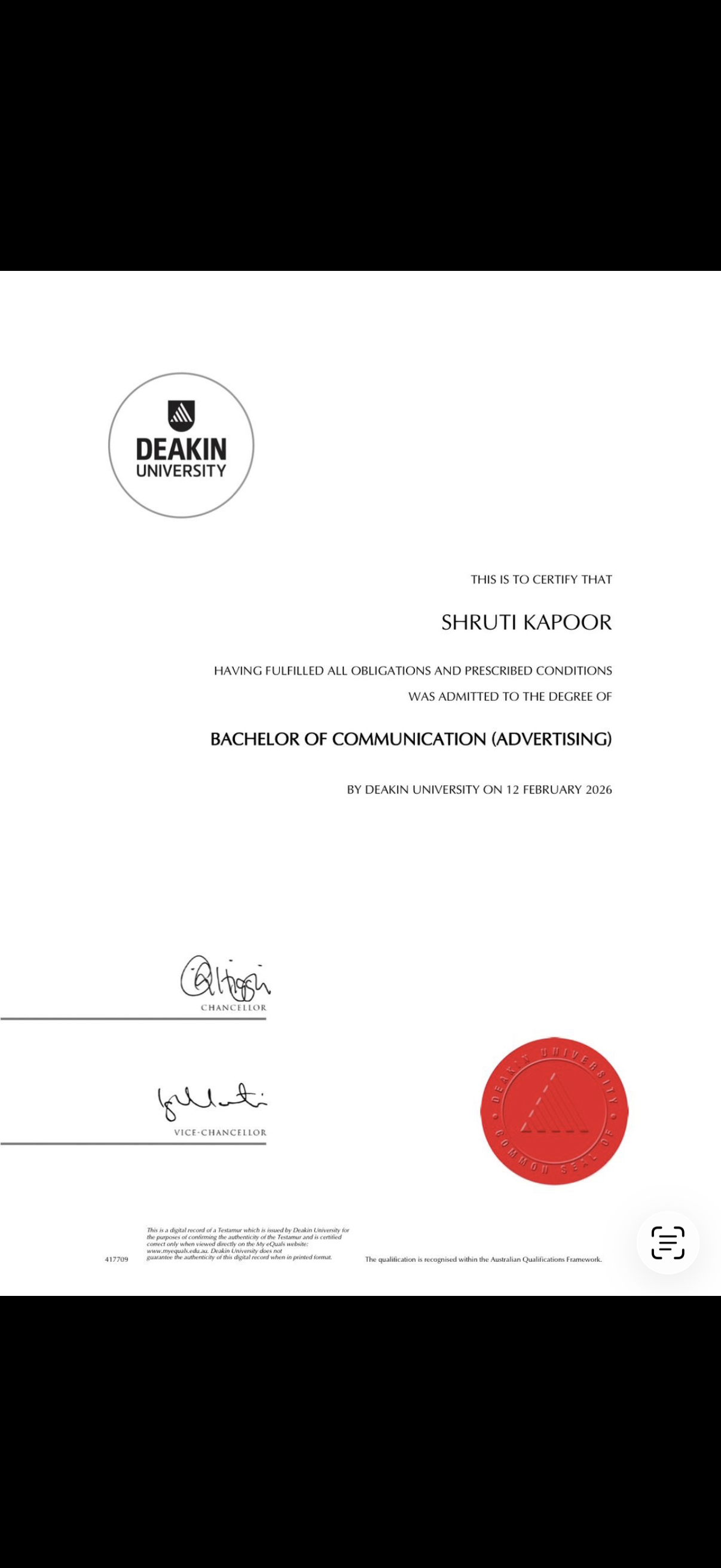 Deakin University Bachelor of Communication in Advertising degree awarded to Shruti Kapoor