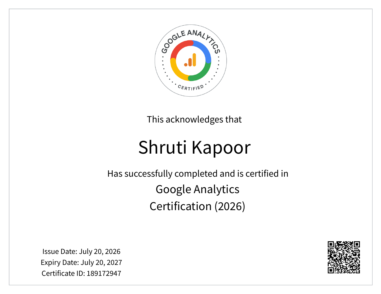 Google Analytics Certification awarded to Shruti Kapoor